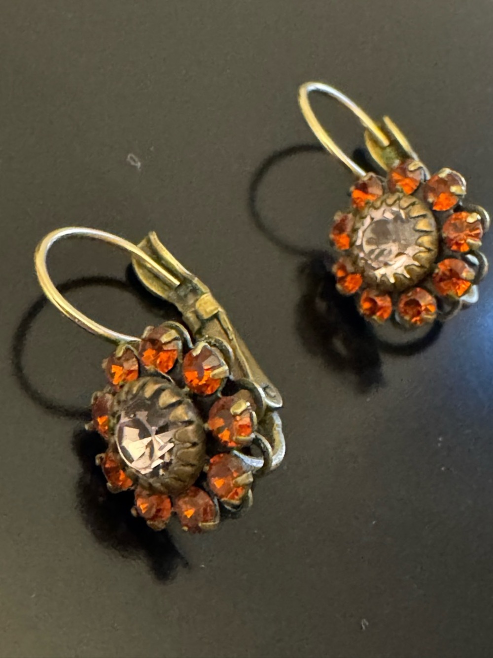 Liz Palacios Rhinestone Earrings Orange Crystal Floral Halo Leverback - Picture 5 of 5